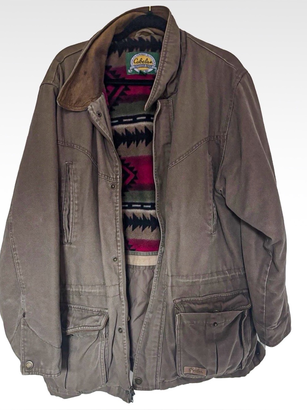 Vintage 1990s Cabela's Brown Canvas Field Jacket with Patterned Blanket Liner